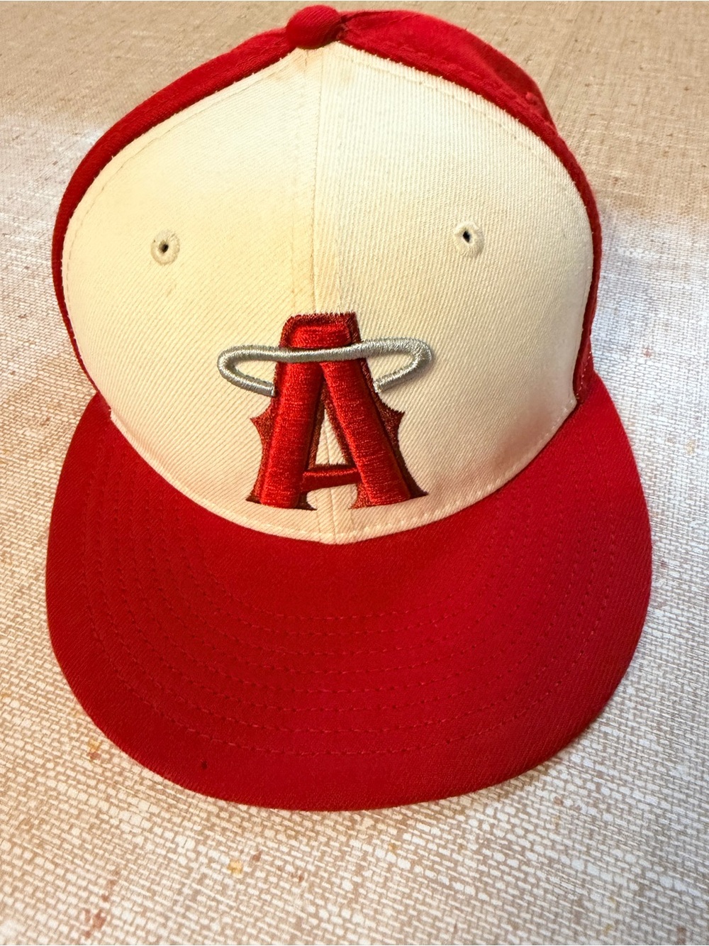 New Era Red and Cream Baseball Cap with Embroidered 'A' Logo